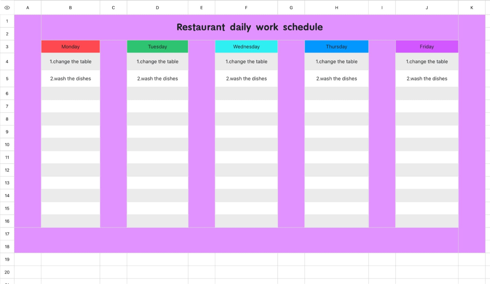 The weekly to-do list of the restaurant